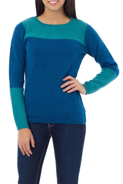 Alpaca blend sweater, 'Andean Blues' - Artisan Crafted Alpaca Blend Color Block Sweater