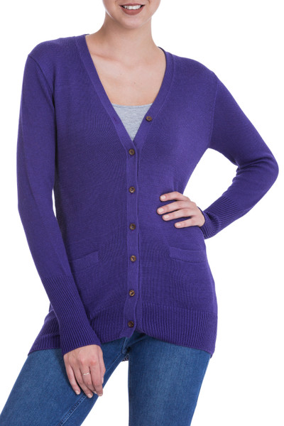 Cotton and alpaca blend cardigan, 'Nazca Violet' - Peruvian Cotton and Alpaca Wool Women's Cardigan