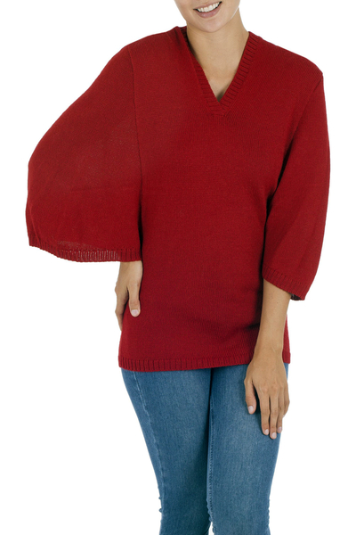 Alpaca blend hoodie sweater, 'Red Trujillo Lady' - Alpaca blend hoodie sweater