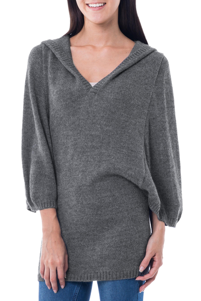 Alpaca blend hoodie sweater, 'Gray Trujillo Lady' - Alpaca blend hoodie sweater