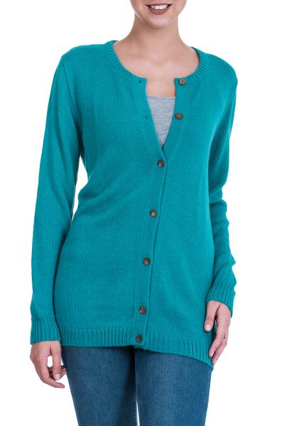 Alpaca blend cardigan, 'Timeless Teal' - Unique Alpaca Wool Cardigan Sweater