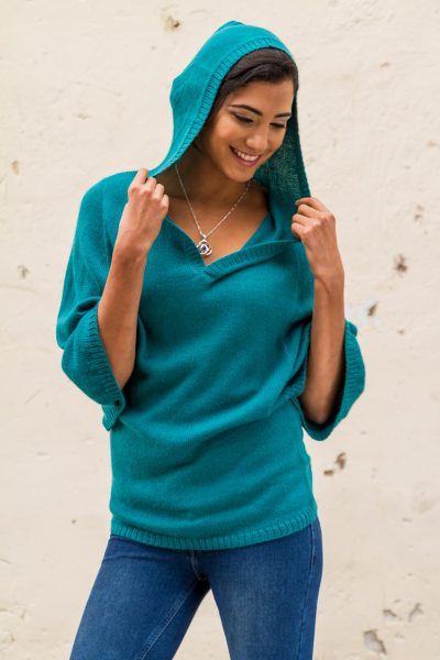 Alpaca blend hoodie sweater, 'Turquoise Trujillo Lady' - Alpaca Blend Hoodie Sweater