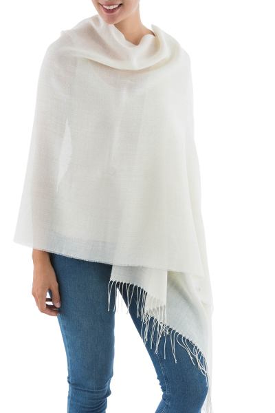 Alpaca and silk shawl, 'Peruvian Ivory' - Women's Alpaca Wool Solid Shawl