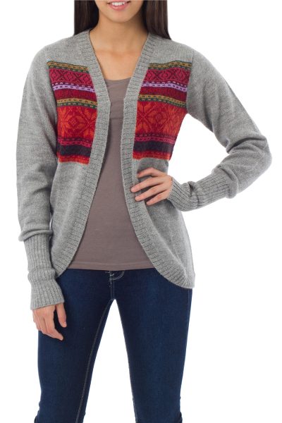 100% alpaca sweater, 'Red Inca Snowflakes' - Alpaca Wool Open Cardigan Sweater