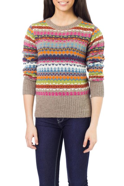 100% alpaca sweater, 'Fiesta in Ica' - Alpaca Art Knit Pullover from Peru