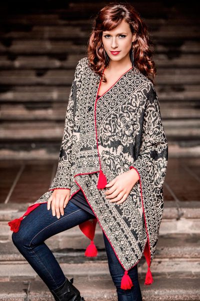 100% alpaca ruana cloak, 'Floral Shadows' - Black And White 100% Alpaca Wool Ruana with Red Accents