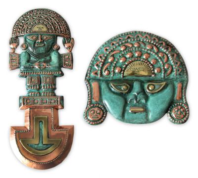 Bronze and copper wall decor, 'Legendary Tumi' (pair) - Archaeological Bronze and Copper Pair