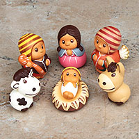 Ceramic nativity scene, 'Happy Welcome' (set of 7) - Handcrafted 7 Piece Nativity Scene Set Ceramic Sculptures
