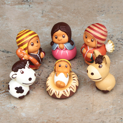 Ceramic nativity scene, 'Happy Welcome' (set of 7) - Handcrafted 7 Piece Nativity Scene Set Ceramic Sculptures