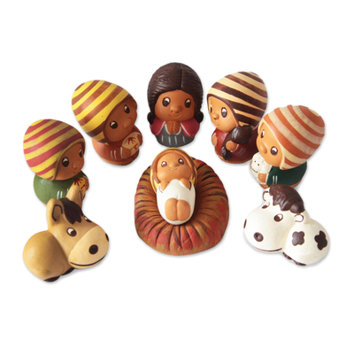 Ceramic nativity scene, 'L'il Nativity' (set of 9) - Folk Art Ceramic Figurines 9 Piece Nativity Set from Peru