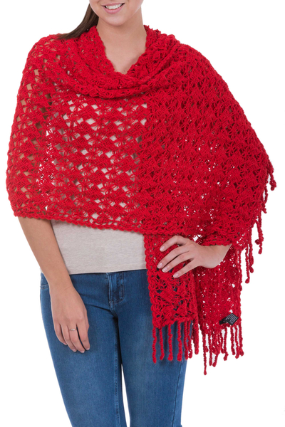 100% alpaca shawl, 'Cuzco Ruby' - Women's Alpaca Wool Crochet Shawl