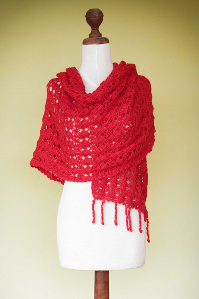 100% alpaca shawl, 'Cuzco Ruby' - Women's Alpaca Wool Crochet Shawl