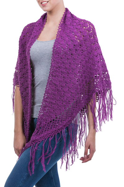 100% alpaca shawl, 'Amazon Orchid' - Genuine Alpaca Wool Crocheted Purple Shawl