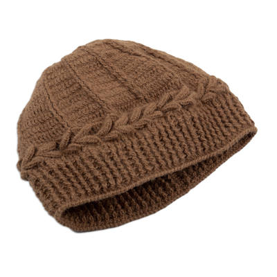 mütze aus 100 % Alpaka, „Cajamarca Brown“ – handgefertigte Beanie-Mütze aus massiver Alpakawolle in Braun