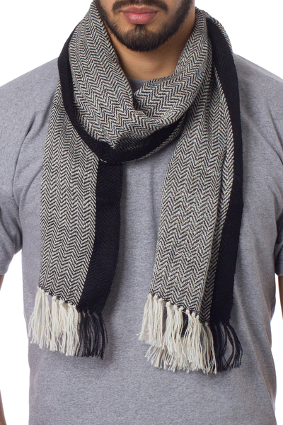 Unique Alpaca Wool Patterned Scarf - Solidarity in Black and White | NOVICA