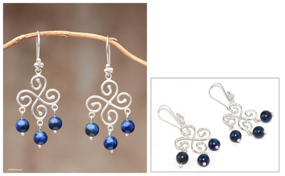 Lapis lazuli chandelier earrings, 'Fortunate' - Handcrafted Sterling Silver Chandelier Lapis Lazuli Earrings
