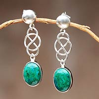 Chrysocolla dangle earrings, 'Tangled-Up' - Chrysocolla Dangle Earrings Handcrafted Sterling Silver 