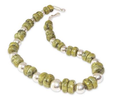 Serpentine beaded necklace, 'Dreams of Peace' - Handcrafted Sterling Silver and Serpentine Necklace