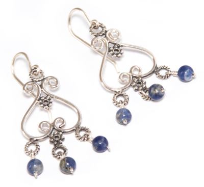 Sodalite chandelier earrings, 'Beautiful Bluebells' - Heart Shaped Sterling Silver Sodalite Chandelier Earrings
