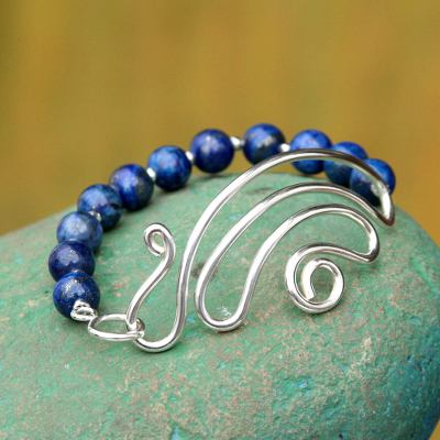Lapis lazuli beaded bracelet, 'In Visions' - Collectible Sterling Silver Beaded Lapis Lazuli Bracelet