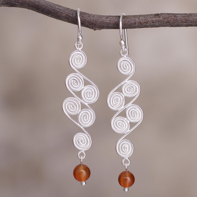 Carnelian dangle earrings, 'Spiral Paths' - Carnelian dangle earrings