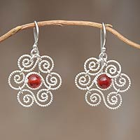 Carnelian flower earrings, 'Unity Blossoms' - Carnelian flower earrings
