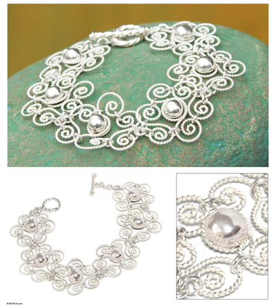 Sterling silver flower bracelet, 'Princess Lace' - Handmade Floral Sterling Silver Link Bracelet