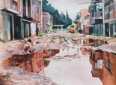 'After the Rain II' (2012) - Children In A Rainy Street Original watercolour Painting