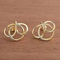 Gold plated button earrings, 'Amazon Knot'