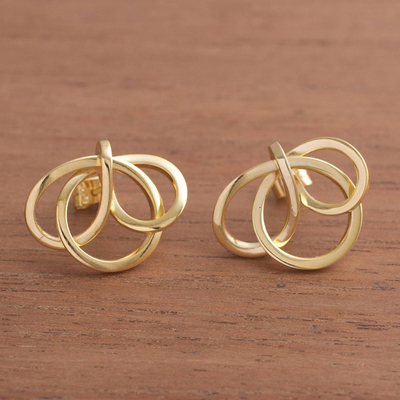 Gold plated button earrings, 'Amazon Knot' - Modern 18K Gold Plated Button Earrings