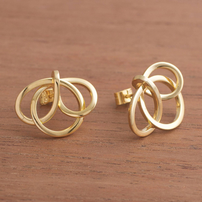 Gold plated button earrings, 'Amazon Knot' - Modern 18K Gold Plated Button Earrings