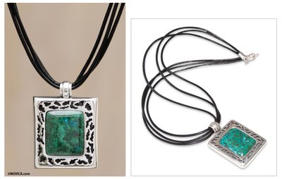 Chrysocolla pendant necklace, 'Worldview' - Leather Sterling Silver Pendant Chrysocolla Necklace