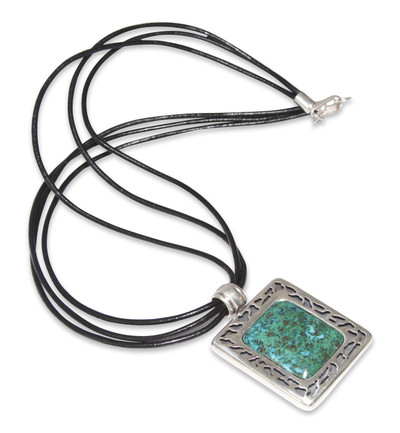 Chrysocolla pendant necklace, 'Worldview' - Leather Sterling Silver Pendant Chrysocolla Necklace
