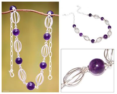 Amethyst beaded necklace, 'Timeless Lily' - Handmade Amethyst And Sterling Silver Necklace
