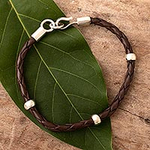 Men's Leather Bracelet with Sterling Silver Accents, 'Fierce Chankas in Brown'