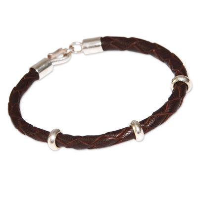 Men's leather and sterling silver bracelet, 'Fierce Chankas in Brown' - Men's Leather Bracelet with Sterling Silver Accents