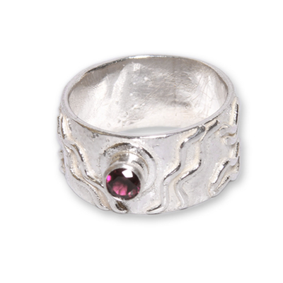 Garnet single stone ring, 'Inca Paths' - Modern Sterling Silver Single Stone Garnet Ring