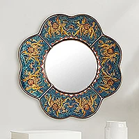 Reverse painted glass mirror, Blue Cajamarca Blossom