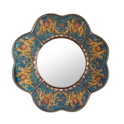 Reverse painted glass mirror, 'Blue Cajamarca Blossom' - Andean Reverse Painted Glass Blue Floral Wall Mirror