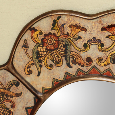 Reverse painted glass mirror, 'Iridescent Cajamarca Blossom' - Hand Made Reverse Painted Glass Mirror from Peru