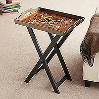 Reverse painted glass folding tray table, 'Scarlet Delight'