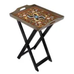Reverse painted glass folding tray table, 'Scarlet Delight' - Handmade Reverse Painted Glass Wood Glass Folding Table