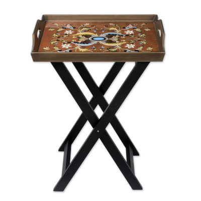 Reverse painted glass folding tray table, 'Scarlet Delight' - Handmade Reverse Painted Glass Wood Glass Folding Table