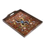 Reverse painted glass folding tray table, 'Scarlet Delight' - Handmade Reverse Painted Glass Wood Glass Folding Table