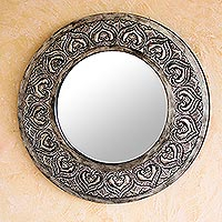 Leather mirror, 'Silver Hearts' - Leather mirror