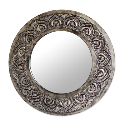 Leather mirror, 'Silver Hearts' - Leather mirror