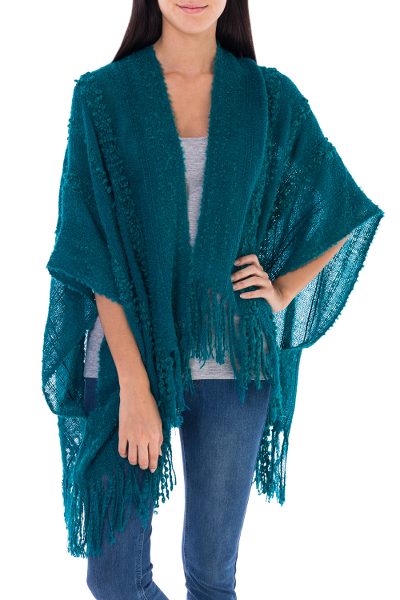 Alpaca blend shrug, 'Turquoise Tonalities' - Alpaca Wool Striped Wrap Ruana