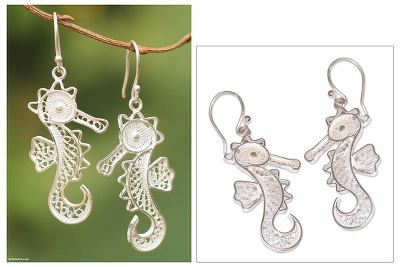 Sterling silver filigree earrings, 'Little Seahorse' - Sterling Silver Filigree Dangle Sea Life Earrings
