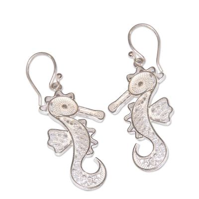 Sterling silver filigree earrings, 'Little Seahorse' - Sterling Silver Filigree Dangle Sea Life Earrings