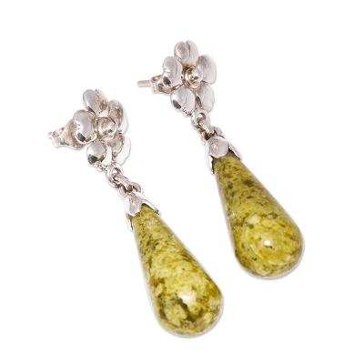 Serpentine flower earrings, 'Enlightened Dew' - Floral Sterling Silver Dangle Serpentine Earrings